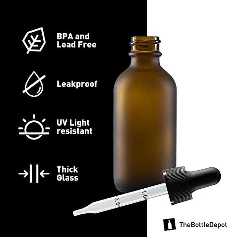 The Bottle Depot - 2 Pack - 2 oz Glass Bottle with Dropper - Amber Frosted - 20-400 Neck Finish - Boston Round Bottles - Leakproof Essential Oils Bottles