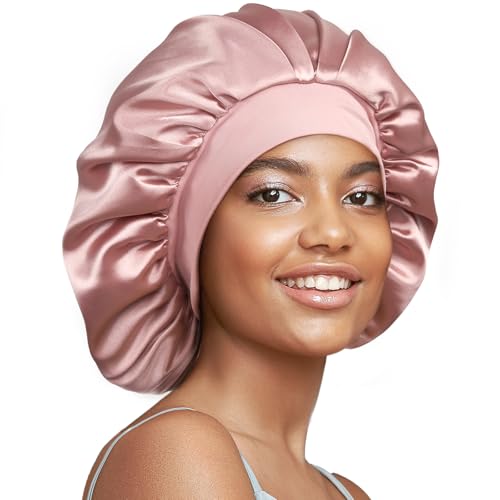 Umisleep 22 Momme 100% Real Mulberry Silk Bonnet for Sleeping Women, Large Hair Care Bonnet for Long Curly Hair, Double Layer Silk Hair Wrap with Soft Elastic Band, Non-Slip Sleep Cap, Black