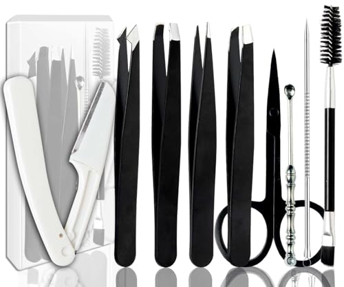 [9+1 PCS] Tweezer Kit, Tweezers for Women Facial Hair, Professional Tweezers Set, Eyebrow Tweezers, Professional Stainless Steel Eyebrow Tweezers for Women &Men (Pink)