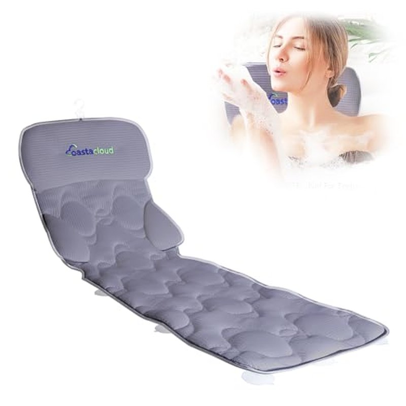 Full Body Bath Pillow, Bathtub Mattress Luxury Cushion with Large Suction Cups, Comfort Support Your Head, Neck, Shoulder, Back and Tailbone, Relax & Quick Drying, Gray