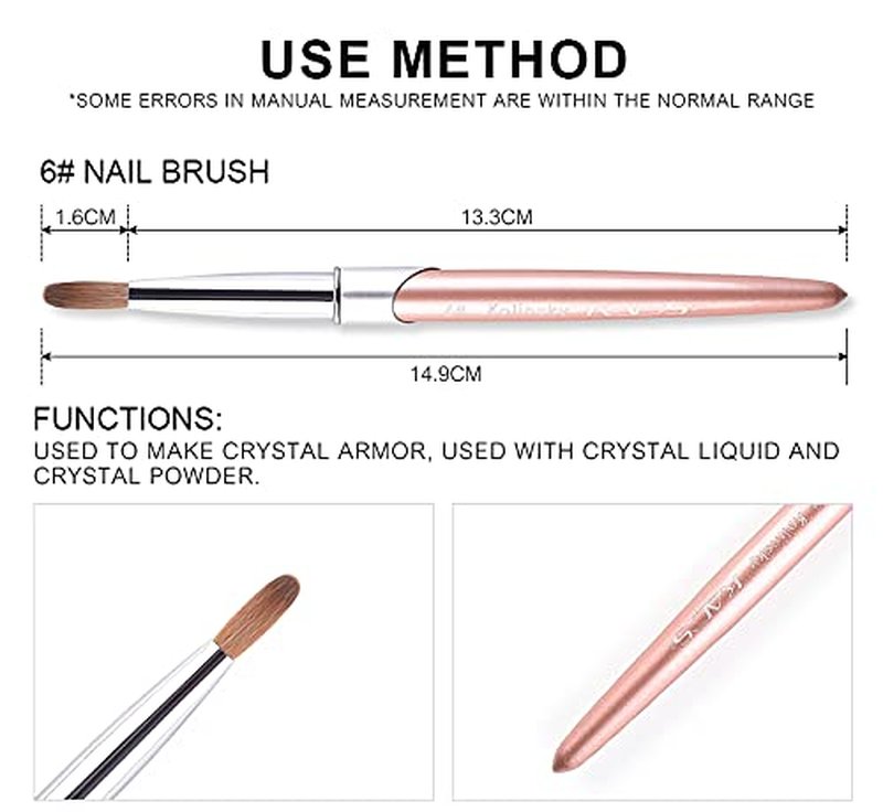 KADS 100% Kolinsky Sable Acrylic Brush Nail Brush for Acrylic Application Round Head Crimped Nail Art Brush Manicure Tool (Size 6)