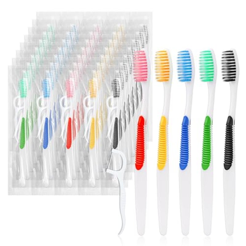 HAIFOTRVA 10Packs Disposable Toothbrushes with Floss,Single Use Individually Wrapped Disposable Travel Toothbrushes and Dental Floss Kit Bulk for Homeless,Airbnb,Dentist,Hotel(5 Colors)