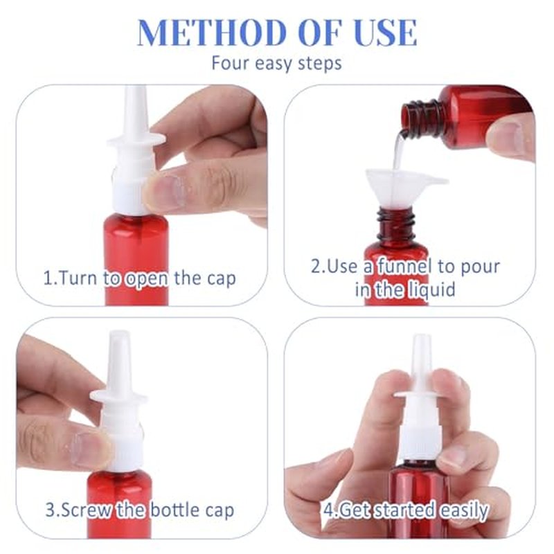 Nasal Spray Bottle 4Pcs 1oz (30ml) Plastics Bottles with Press Spray Head Refillable Portable Empty Nasal Sprayer Bottle with Funnels and Labels (Red)