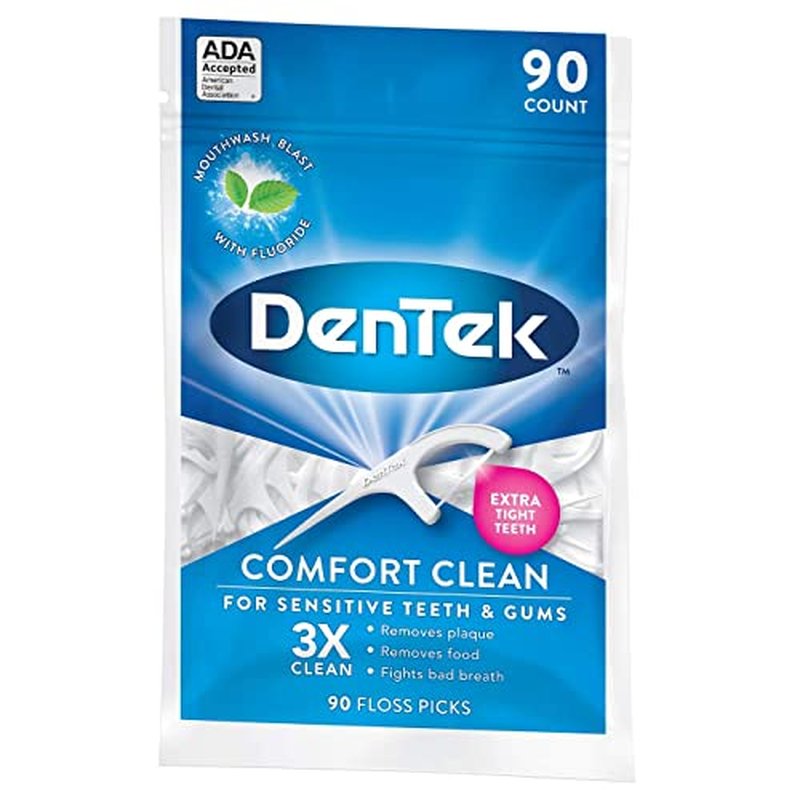 DenTek Comfort Clean, Sensitive Gums, Floss Picks, Mouthblast Mint Flavor, Soft and Silky Ribbon, Gentle on Gums, 90 Count in Each Pouch (Pack of 3)
