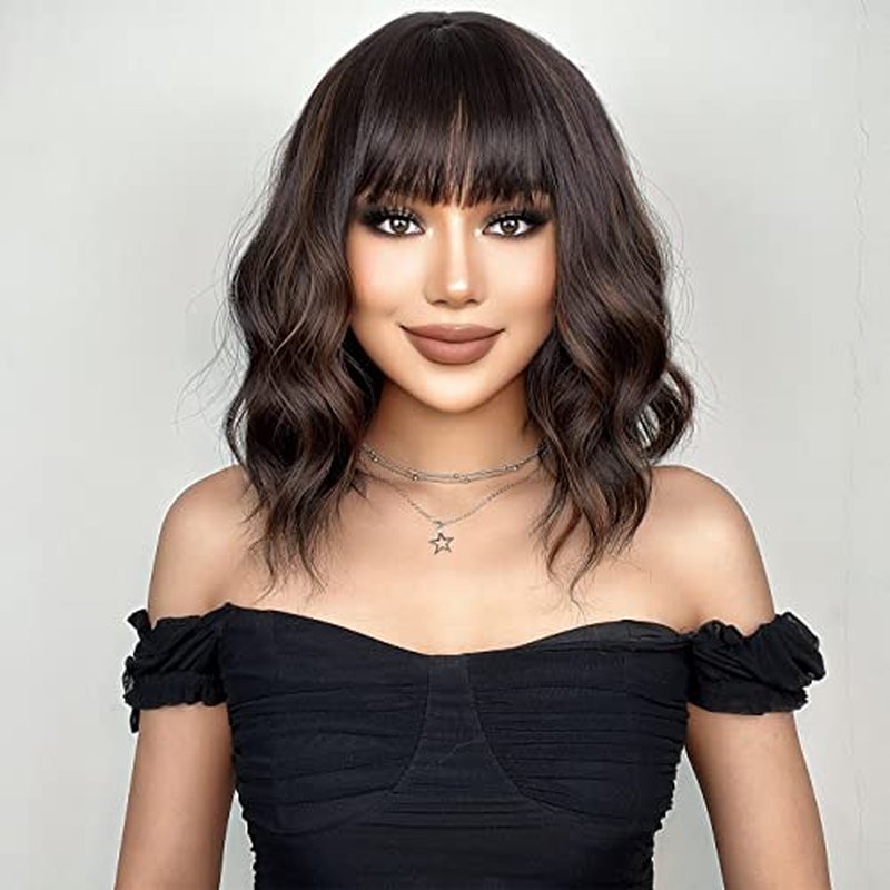 BERON Black Brown Wigs Short Curly Bob Wig with Bangs Mixed Color Wavy Hair Wigs 12'' Women's Synthetic Wigs Daily Use