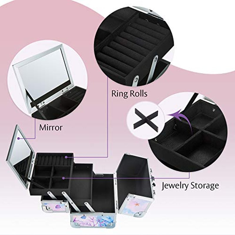 Joligrace Makeup Case for Girls Cosmetic Train Case Makeup Storage Box Jewelry Organizer Hair Accessories Lockable with Trays & Mirror Kids Gift Coloful Pink Unicorn