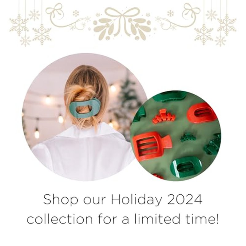TELETIES - Large Flat Round Hair Clip - Holiday Collection - Hair Claw Clips for Women - Strong Grip, Bendable Teeth, Curved Design - For All Hair Types and Textures - Mistletoe