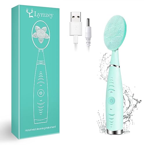 Sonic Facial Cleansing Brush, Lyrzzey Portable Handled Face Cleansing Brush with 5 Adjustable Speeds Vibrating Rechargeable Face Cleansing Brush for Deep Cleaning Gentle Exfoliating Massaging(Blue)