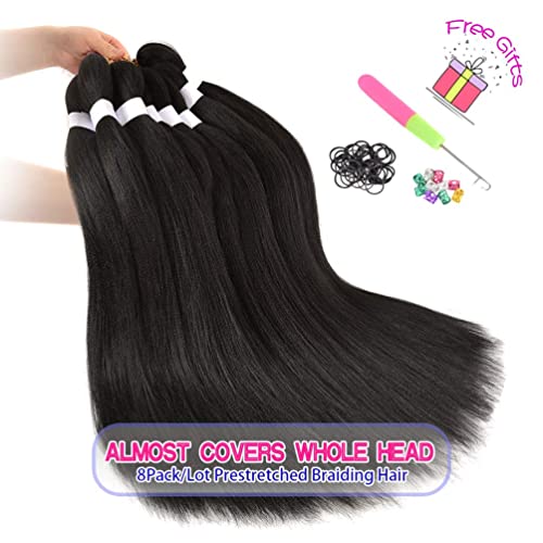 8 Pack Pre Stretched Braiding Hair - 16" 55G/Pack Premium Braiding Hair Pre Stretched Extensions, Professional Itch Free Hot Water Setting Perm Yaki Texture Prestretched Braiding Hair (#1B)