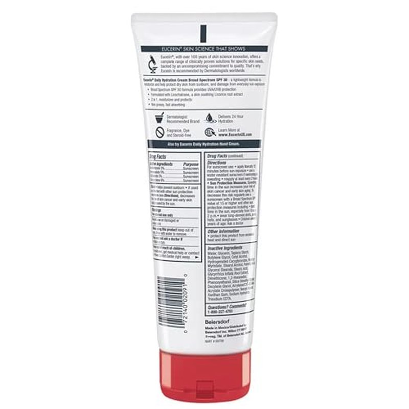 Eucerin Daily Hydration Broad Spectrum SPF 30 Sunscreen Body Cream for Dry Skin, 8 Oz Tube (Pack of 2)