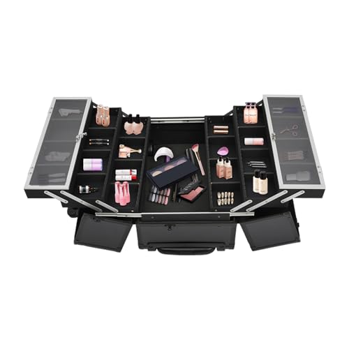 CRYBY Rolling Makeup Case, Multi-Layer Makeup Train Case Makeup Travel Organizer with 6 Trays & 2 Keys, 110.23lbs Capacity Lockable Cosmetic Case Salon Barber Case Makeup Storage Cart (Black)