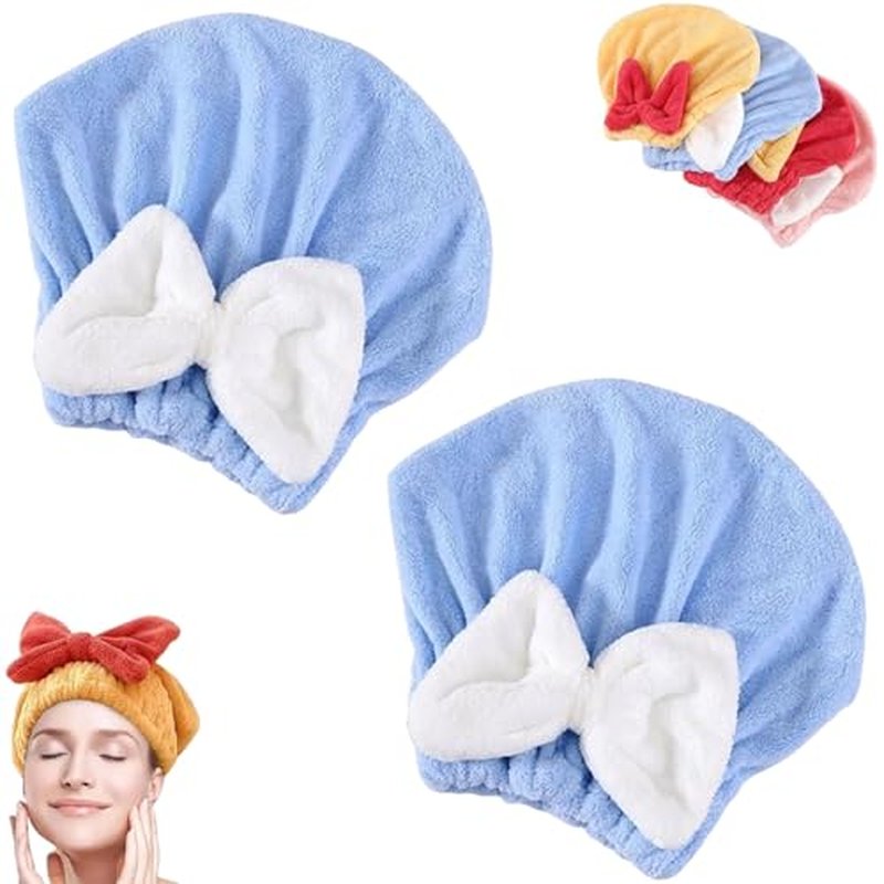 TKNIBEEN New Super Absorbent Hair Towel Wrap for Wet Hair,Ultra Absorbent Hair Quick Drying Towel for Women,Efficient Hair Towel,Soft Absorbent Quick Drying Cap with Bow-Knot (2pcs-Blue)