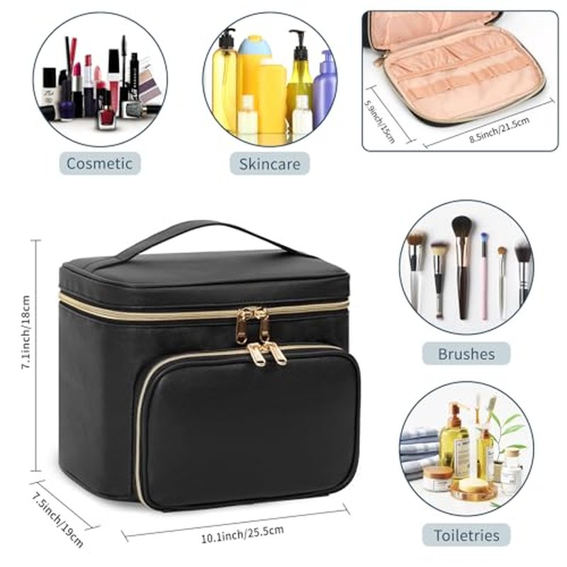 Large Makeup Bag, Portable Travel Makeup Bag for Women Girls with Makeup Brush Compartment, Stylish Makeup Bag Organizer Cosmetic Case With Handle and Divider - Black