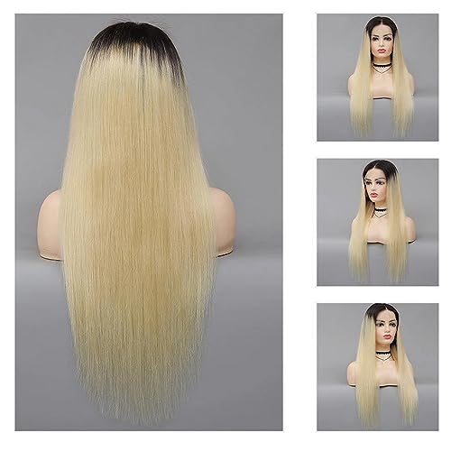 MSMYRNS 26 Inch Halloween Costume Wig HD Lace Middle Parting 1B Ombre 613 Blonde Color Jet Black Dark Roots Role Play Party Wig
