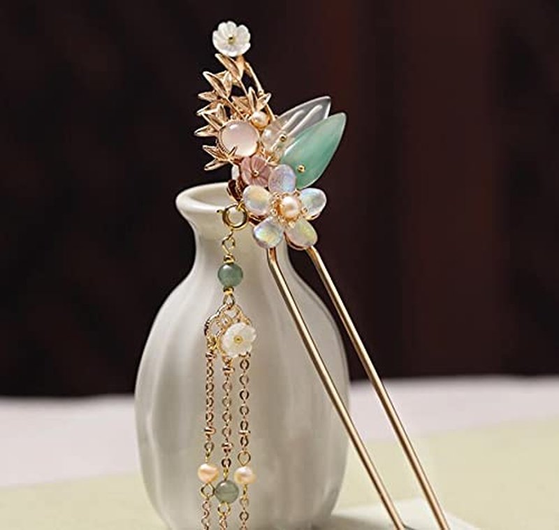 Yuri Hairpin Hair Clasp Sticks Picks Pearl Shell White Crystal Long tassels Hair Accessories For Long Hair Women Wedding Hanfu Cheongsam (green bird)