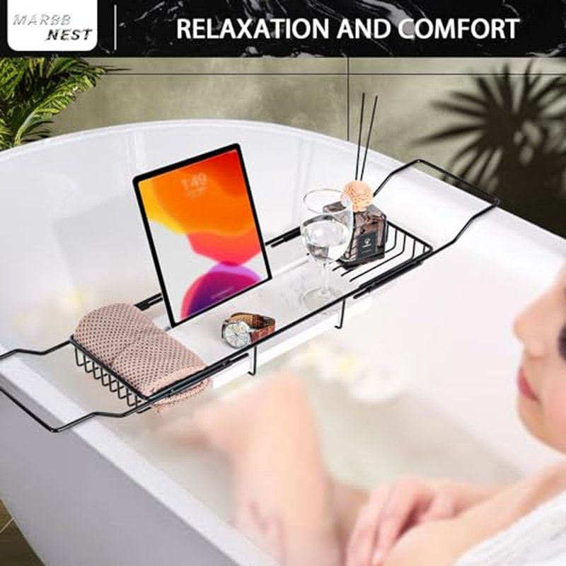 MARBBNEST Bathtub Tray Caddy for Luxury Bath Expandable Extra Wide Bath Tub Tray with Natural Marble Tray and Mobile/Tablet Stand, Ideal for Home Spa Lovers(Black + Jazz White)