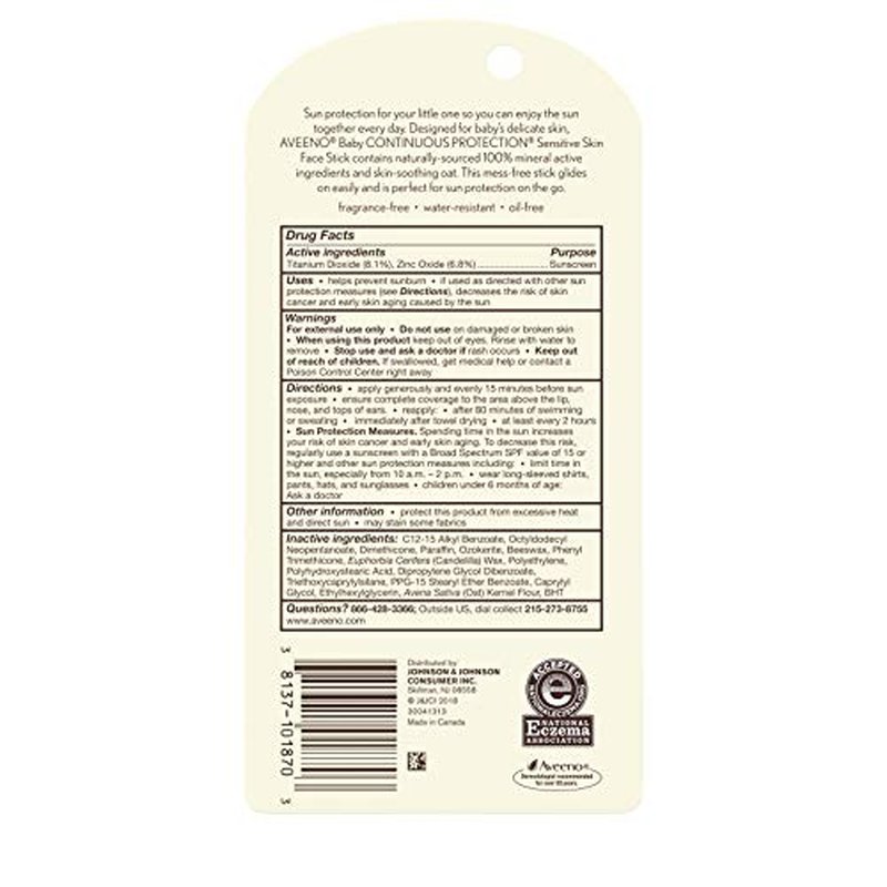 Aveeno Baby Continuous Protection Sensitive Skin Mineral Sunscreen Stick for Face with Broad Spectrum SPF 50, Zinc Oxide & Titanium Dioxide, Oil-Free & Water-Resistant, Travel-Size, 0.5 oz (Pack of 3)