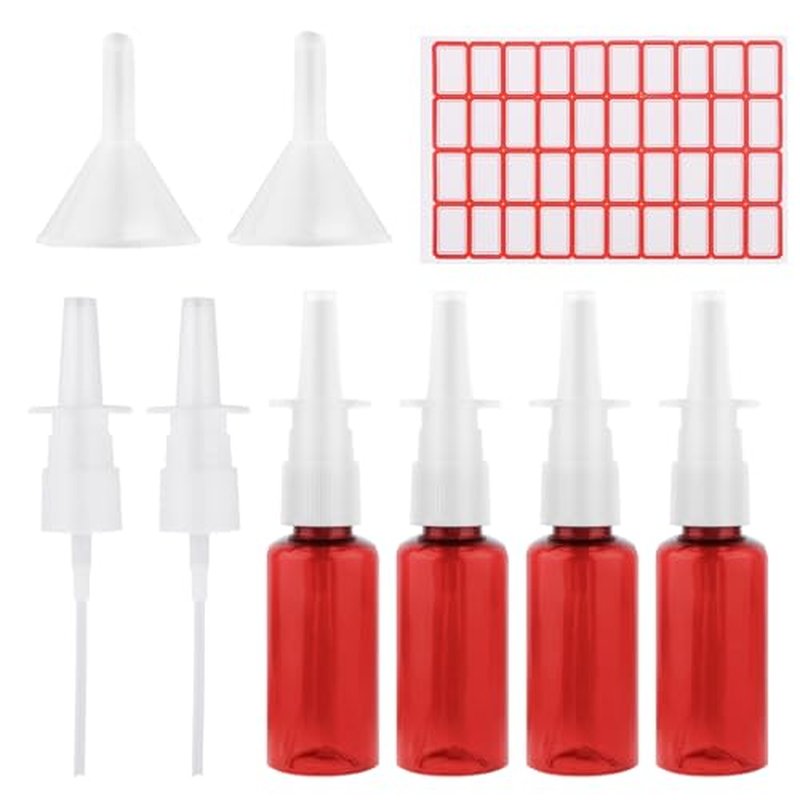 Nasal Spray Bottle 4Pcs 1oz (30ml) Plastics Bottles with Press Spray Head Refillable Portable Empty Nasal Sprayer Bottle with Funnels and Labels (Red)