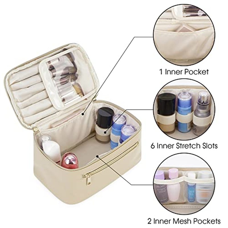 Wandering Nature Makeup Bag, Travel Make Up Organizer Cosmetic Brush Bags Case for Women in Vegan Leather, Beige(Patent Pending)