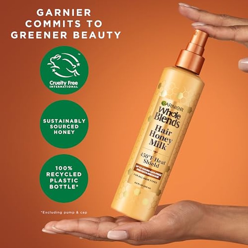 Garnier Whole Blends Honey Treasures Repairing Shampoo (22 Fl Oz), Conditioner (22 Fl Oz) + Hair Honey Milk 450F Heat Protectant Spray (2 Count) (8.5 Fl Oz) (4 Items), Bundle (Packaging May Vary)