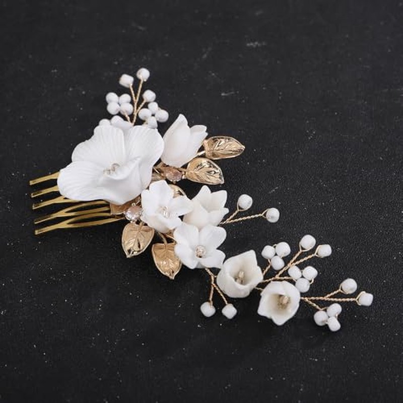 Teyglen Floral Flower Bride Wedding Hair Comb Gold Leaf Headpiece with Flower Bridal Side Comb Hair Accessories for Women Wedding Hair Piece (Gold)