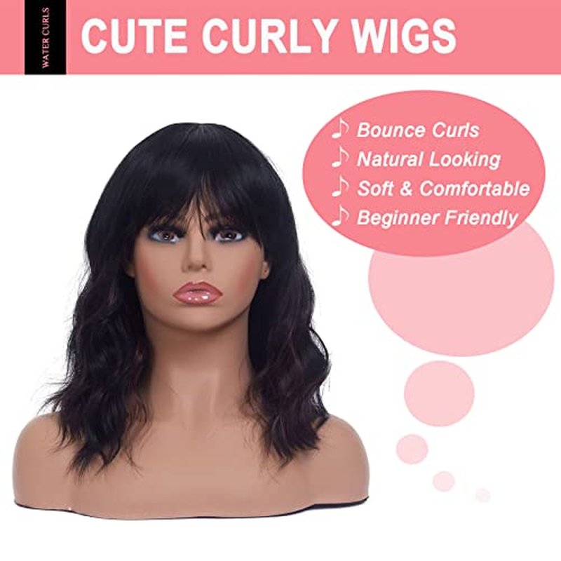 LINGDORA Curly Black Bob Wigs for Women Girl Synthetic Short Wig with Bangs Natural Water Wave Hair Wigs Heat Resistant Fiber for Daily Party Cosplay (Black)
