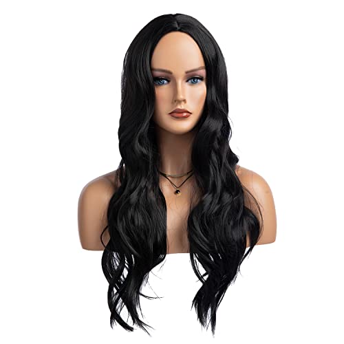 RicHyun Black Wig Long Curly Wavy Black Wig Middle Part Cosplay Wig Synthetic Heat Resistant Costume Halloween Wigs for Women Girls (Black)