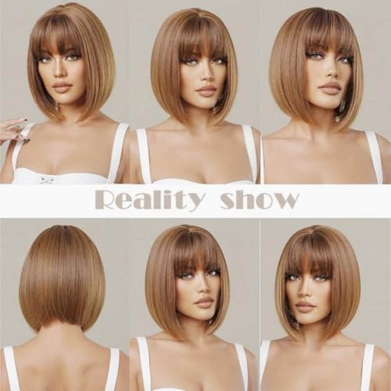 Tangyaoyusun 12Inch Dark Brown Wig with Bang Short Straight Bob Hair For Girls Women Theme Party (Brown Mix Blonde)
