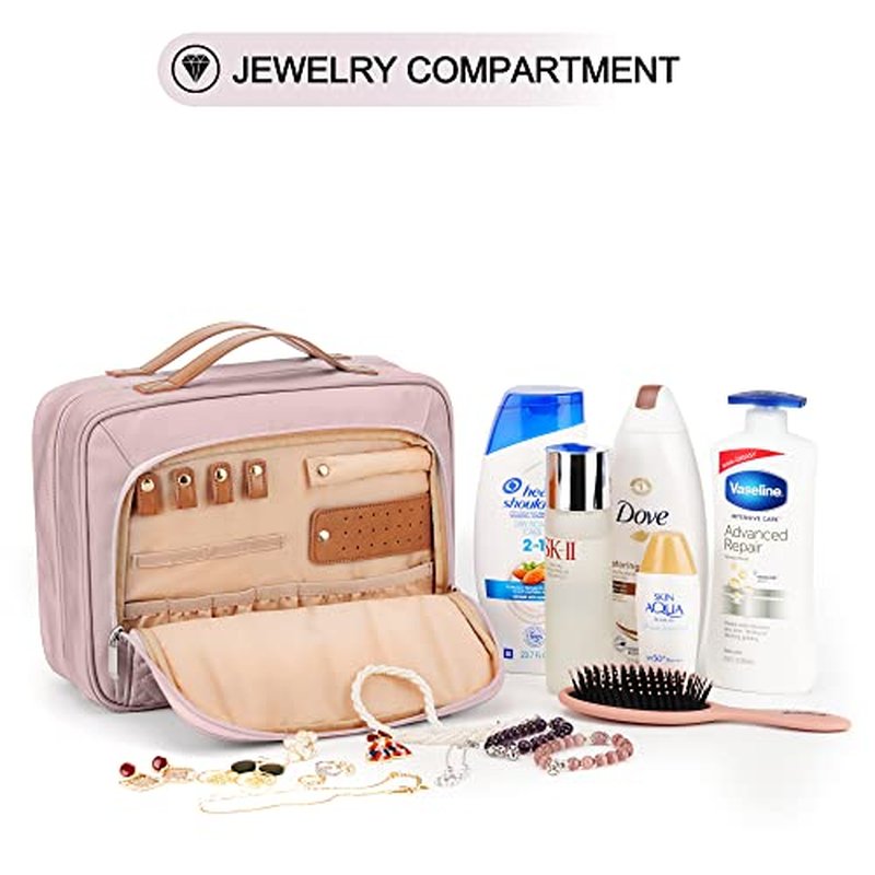 Travel Hanging Toiletry Bag for Women, Large Makeup Bag 8 Leak Proofing Silicone Bottle Covers, Waterproof Cosmetic Bag with Jewelry Organizer Compartment, Toiletries Kit Set, Pink