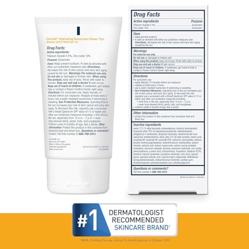 CeraVe Hydrating Mineral Sunscreen SPF 30 with Sheer Tint, Tinted Mineral Sunscreen with Zinc Oxide & Titanium Dioxide, Blends Seamlessly For Healthy Glow, Stocking Stuffers, Deep, 1.7 Oz