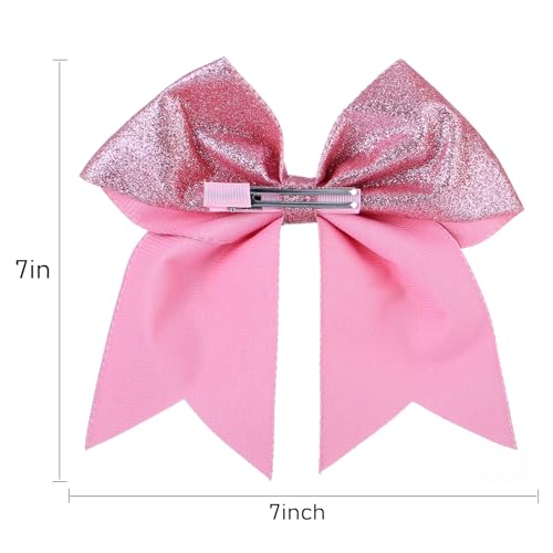 KISZU Hair Clips, Large Big 7inch Sequin Glitter Cheer Bow Clips for Women and Girls, Jumbo Giant Bow Clips Ponytail Holder Big Hair Clips Costume Accessories, Pink