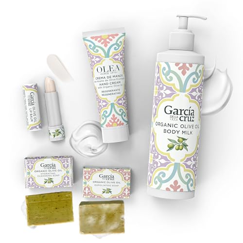 Olive Oil Body Essentials Kit by Garcia de la Cruz Extra Virgin Olive Oil Infused Skin Care Gift Set includes Body Milk, Lip Balm, Hand Cream, and 2 Soaps