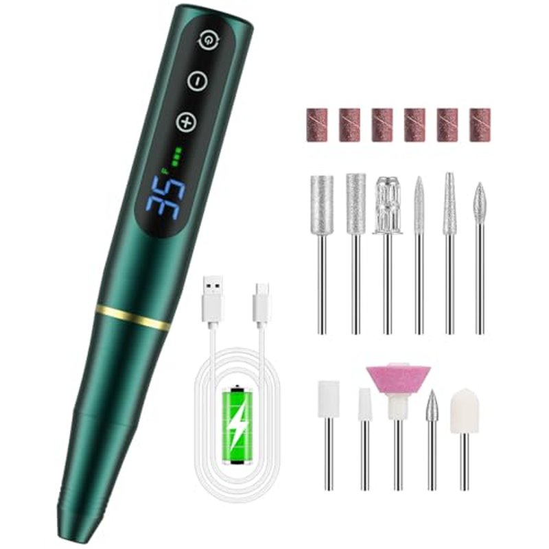 Nail Filer Electric，Cordless Electric Nail Drill Machine, with 11 Nail Drill Bits, USB Portable Efile for Acrylic Gel Nails Rechargeable Manicure Pedicure Polishing (Premium Green)