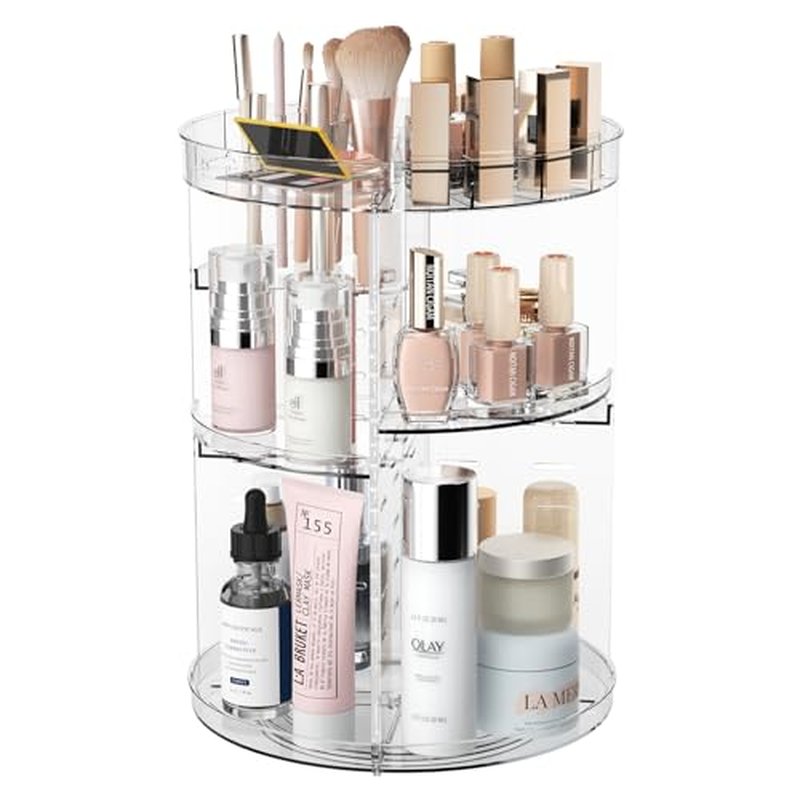 360 Rotating Makeup Organizer, Spinning Skincare Organizers with Slot Top, Makeup Organizers and Storage with 8 Adjustable Layers, Revolving Cosmetic Display Case for Vanity Bathroom Counter Black