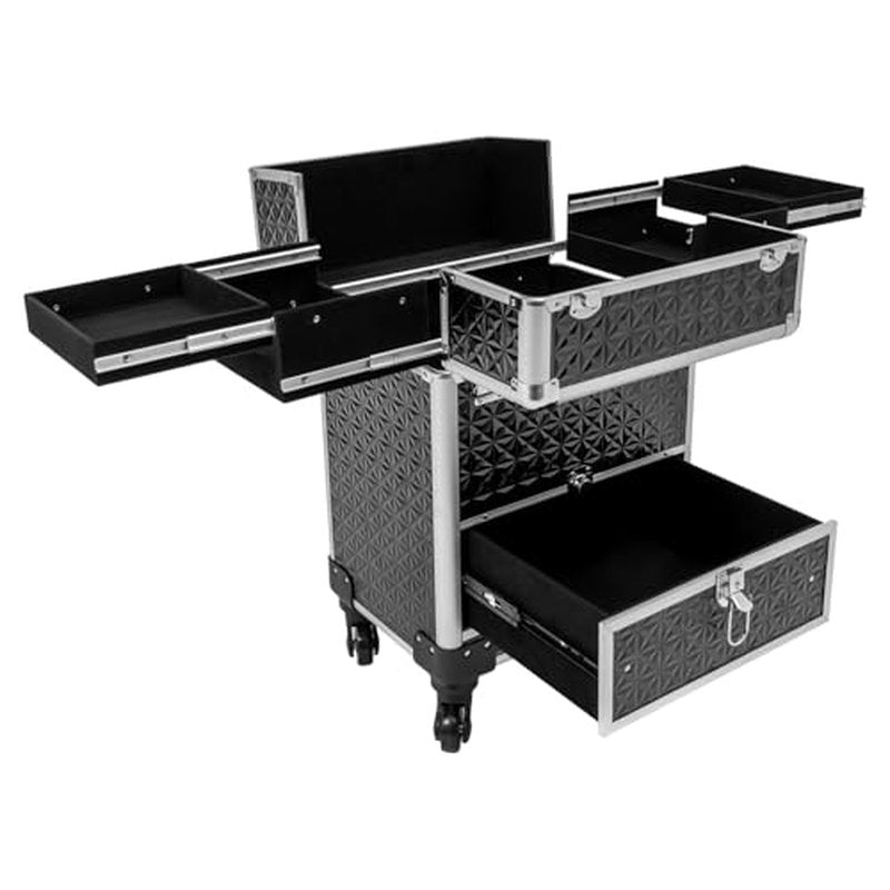 Rolling Nail Case Wheeled Manicure Storage Case, Professional Cosmetology Case, Large Cosmetic Trolley Travelling Cart Trunk with Locks and Drawers, Makeup Case with 4 Universal Wheels (Black+Sliver)
