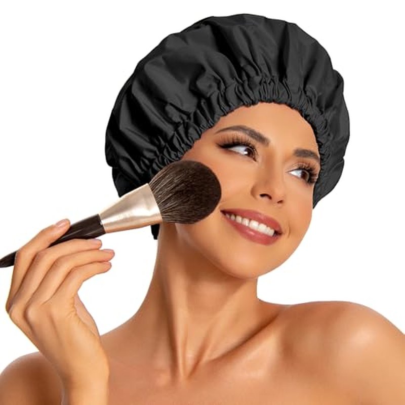Reusable Shower Cap for Women, Large Waterproof Shower Bonnet Washable Elastic Band Bath Hair Hat for Long Hair, Braids(Black)