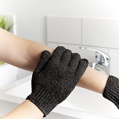 Temple Spring Exfoliating Gloves - Rayon Bamboo Bath/Shower Gloves, Bath Gloves for Shower Exfoliating and Ingrown Hair/Dead Skin Remover - Exfoliator Mitt Scrub Gloves - Black