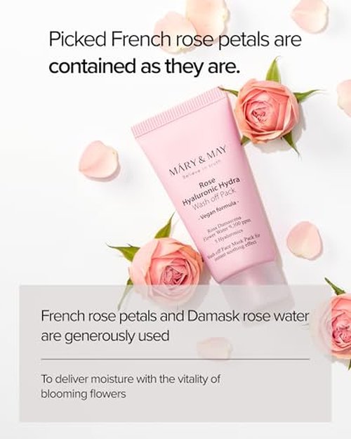 Mary&May Vegan Rose Hyaluronic Hydra Wash Off Mask - Rose Petal and Damask Rose Water Cream Mask for Moisturizing, Exfoliation, and Blackhead Removal - Korean Skincare, 1.01oz.