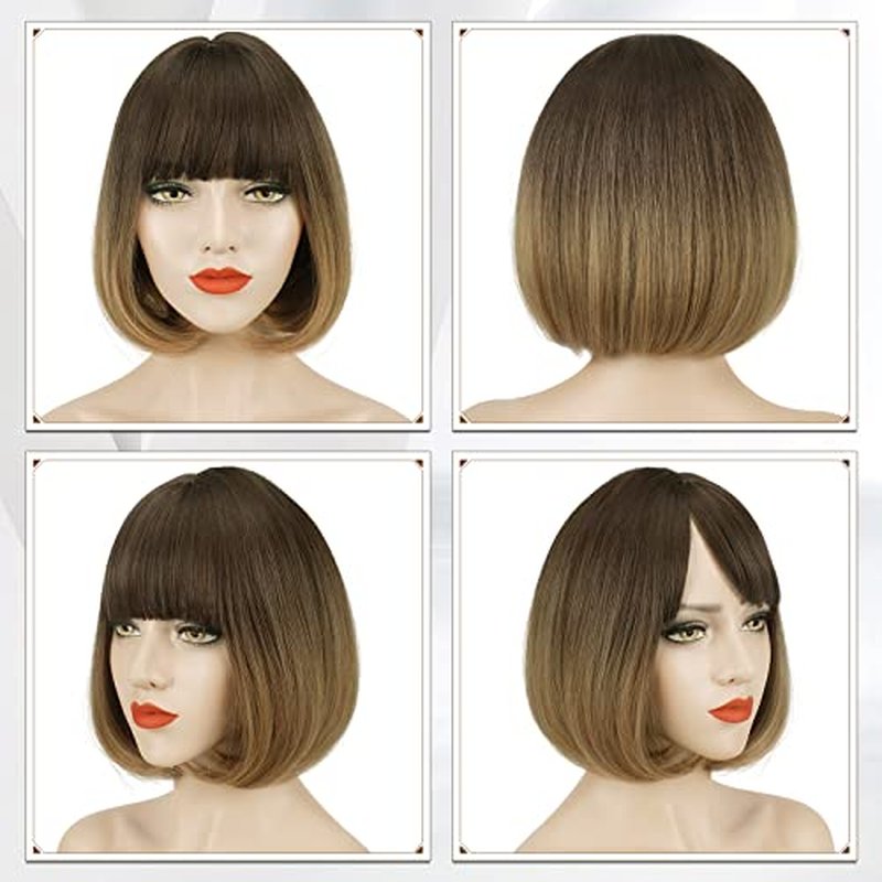 SOFEIYAN Short Straight Bob Wigs with Bangs 11 inch Synthetic Daily Party Cosplay Hair Wig for Black Women, Grey