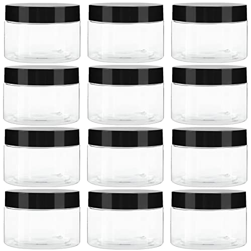 TUZAZO 1 Oz Small Plastic Container Jars with Lids and Labels BPA Free, Empty Round Clear Cosmetic Containers Plastic Slime Jars for Lotion, Cream, Ointments, Samples, Makeup, Travel Storage (12 Pack)
