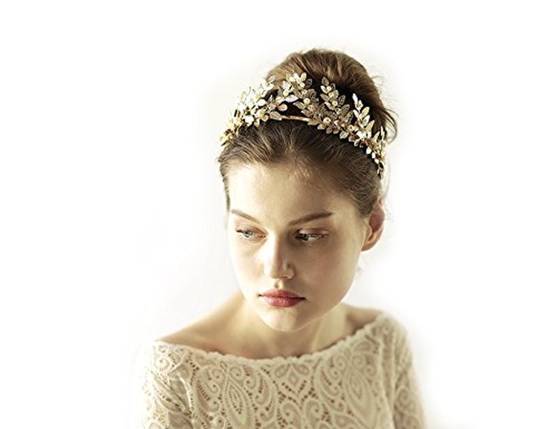 OUMOU The White Ribbon at the 2 Ends for Tying a Bow Hair Accessory Roman Goddess Leaf Branch Dainty Pearls Bridal Headpiece Head Dress Boho Alice Band with Crystal (Rose Gold, 16")