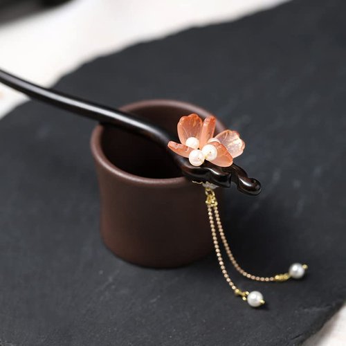 Yuri Hairpin Hair Clasp Sticks Picks Pearl Shell White Crystal Long tassels Hair Accessories For Long Hair Women Wedding Hanfu Cheongsam (Black ebony orange flower)