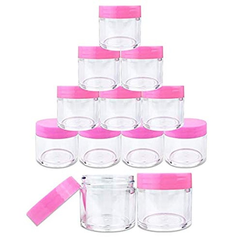 Beauticom 30g/30ml (1 fl. oz.) Double Wall Clear Plastic Leak Proof Jars with Flat Top Lids for Creams, Lotions, Make Up, Powders, Glitters, and more... (Color: Pink, Pieces: 12)