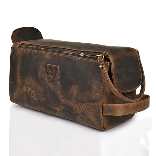 LEATHER VILLAGE Premium Leather Travel Toiletry Bag - Unisex Water-Resistant Travel Dopp Kit, Shaving & Cosmetic Organizer for Men & Women - Compact Bathroom Essentials - Cherry Brown