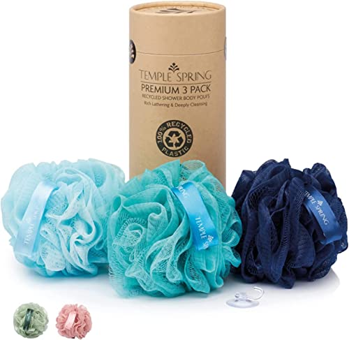 Temple Spring Shower Loofahs 3 Pack - Natural Recycled Shower Puffs for Body Set for Men and Women - Loofah Exfoliating Body Scrubber, Bath Poufs or Shower Scrunchie - Ocean Blue