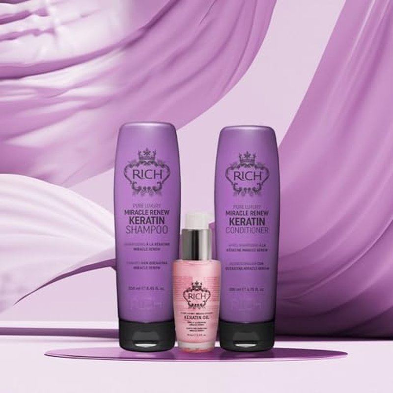 RICH Pure Luxury Miracle Renew Keratin Hair Oil for All Hair Types - Fights Frizz and Adds Shine - Enriched with Keratin Protein, Argan Oil and Jojoba Seed Oil - Heat Protective - 2.3 Oz