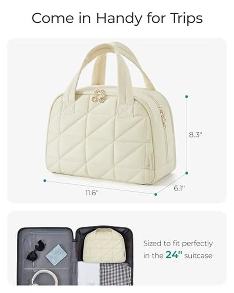 BAGSMART Travel Toiletry Bag, Large Wide-open Travel Bag for Toiletries, Puffy Makeup Cosmetic Travel Bag with Handle-Beige