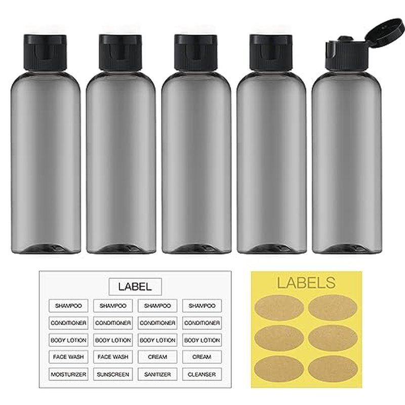 LISAPACK 3.4Oz Travel Bottles with Flip Cap (5 Pcs) Empty Dispenser Container for Travel Size Cosmetics (100ml, Black)