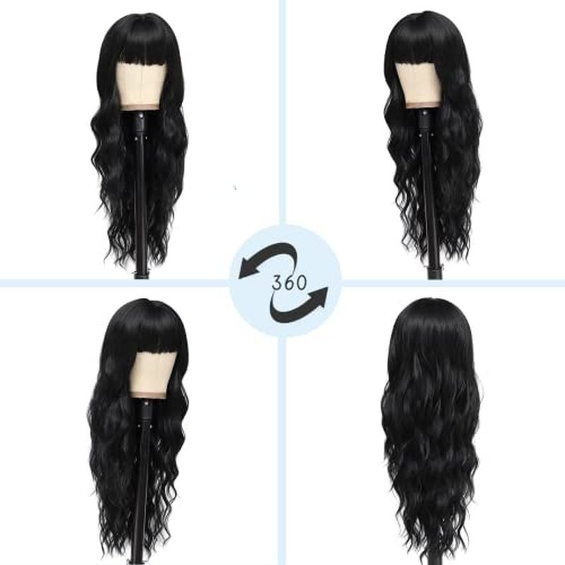 NAYOO Purple Wigs with Bangs for Women Long Curly Wavy Hair Wigs Heat Resistant Synthetic Fiber Wigs for Daily Party Use 26 Inches (Ombre Purple)