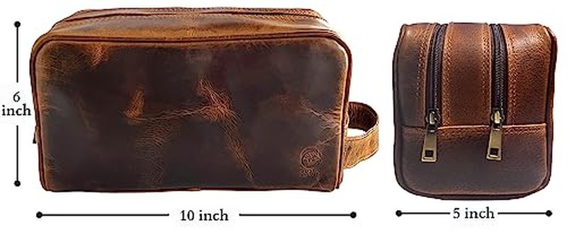 RUSTIC TOWN Leather Toiletry Bag for Men - Travel Shaving Dopp Kit - Bathroom Shower Toiletries Organizer - Leather Cosmetic Bag for Women (Antique Brown)